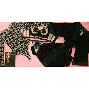 Victoria's Secret longline 32D,34B BRA SET+M ROBE Beige BLACK VELOUR applique